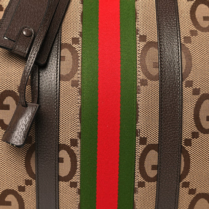 Gucci Monogram Jumbo GG Textured Dollar Calfskin Web Large Duffle Bag Camel Ebony 7 of 12