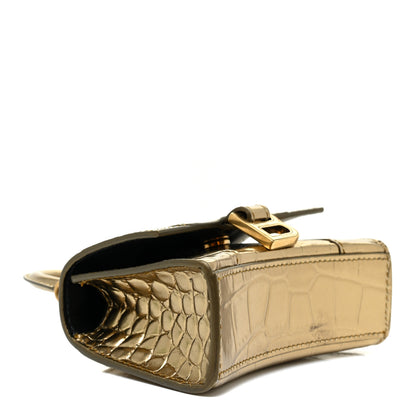 Balenciaga Metallic Calfskin Crocodile Embossed Hourglass Top Handle Bag Mini with Chain Gold 4 of 12