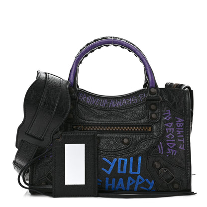 Balenciaga Agneau Arena Graffiti All Over Classic Hardware Mini City Black Bleu Violet 1 of 9