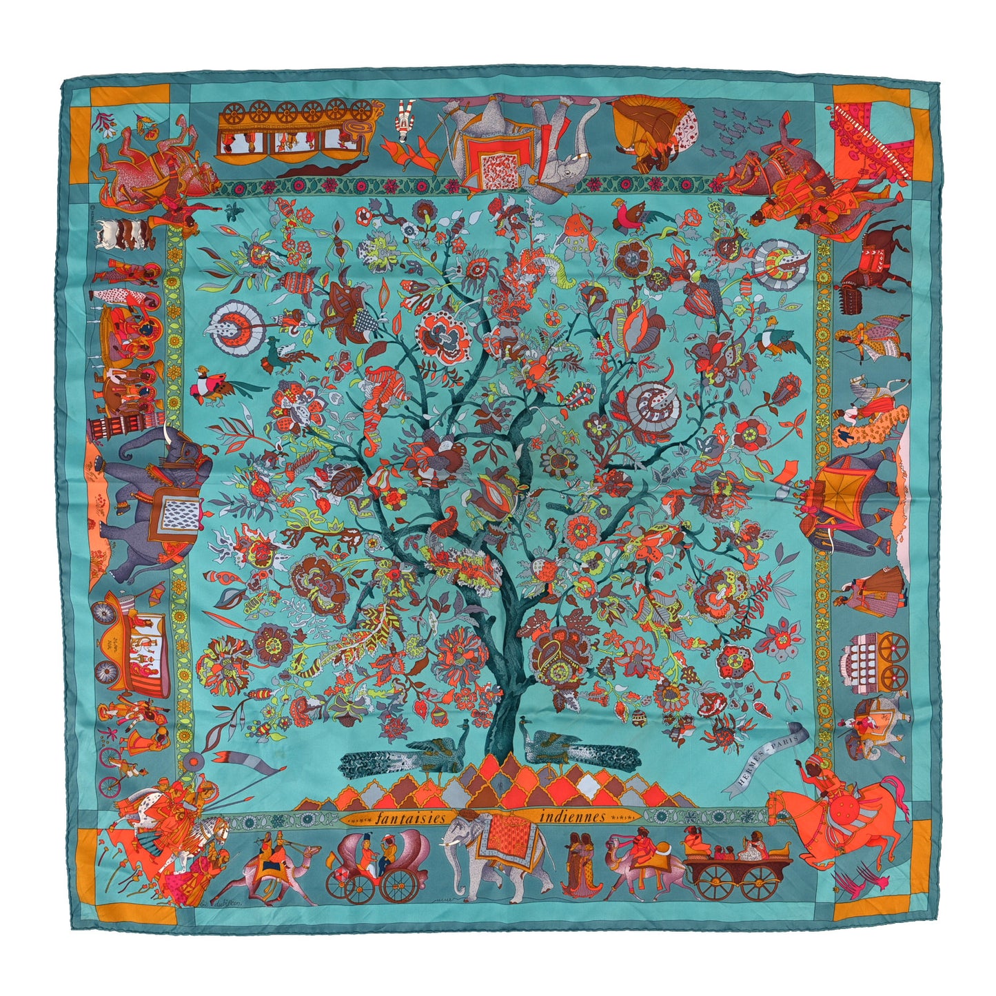 Silk Fantaisies Indiennes Scarf 90 Vert Cypres Canard Corail