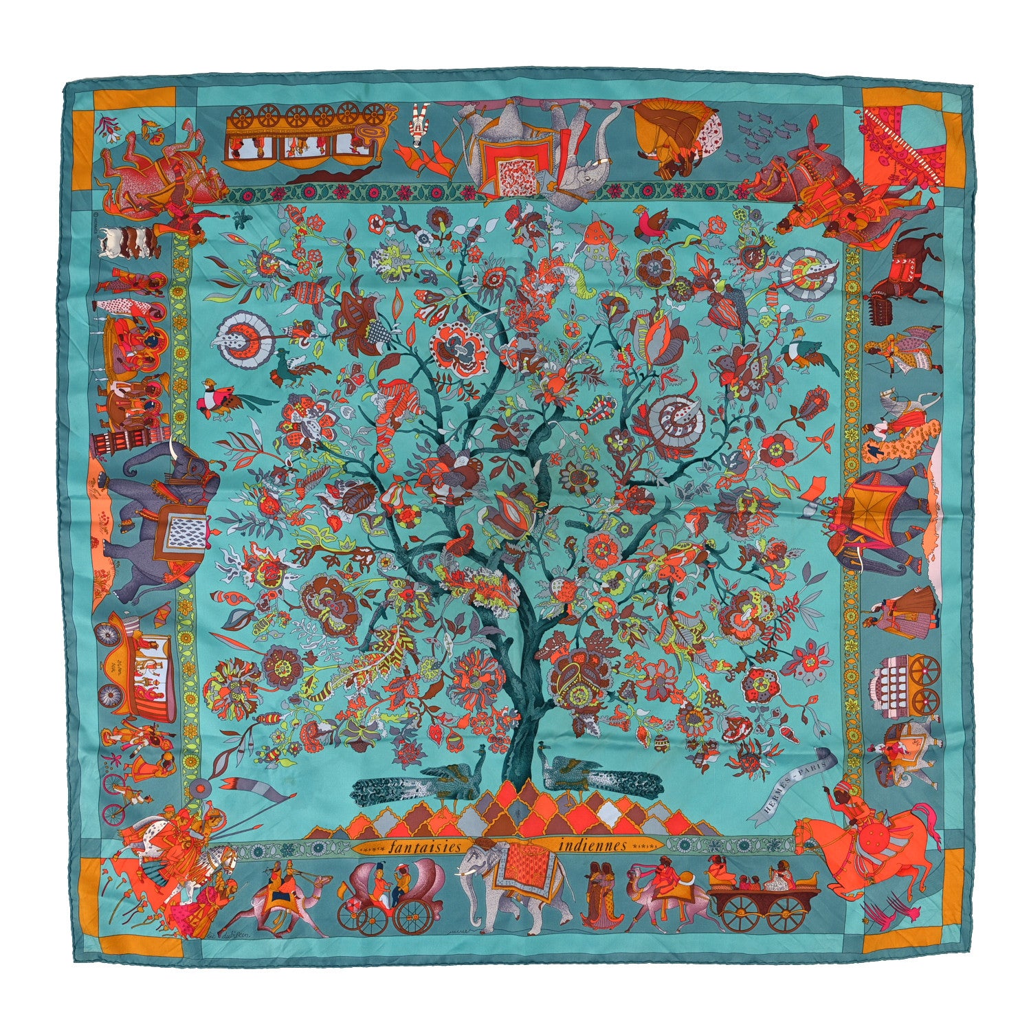 Hermes Silk Fantaisies Indiennes Scarf 90 Vert Cypres Canard Corail 1 of 3