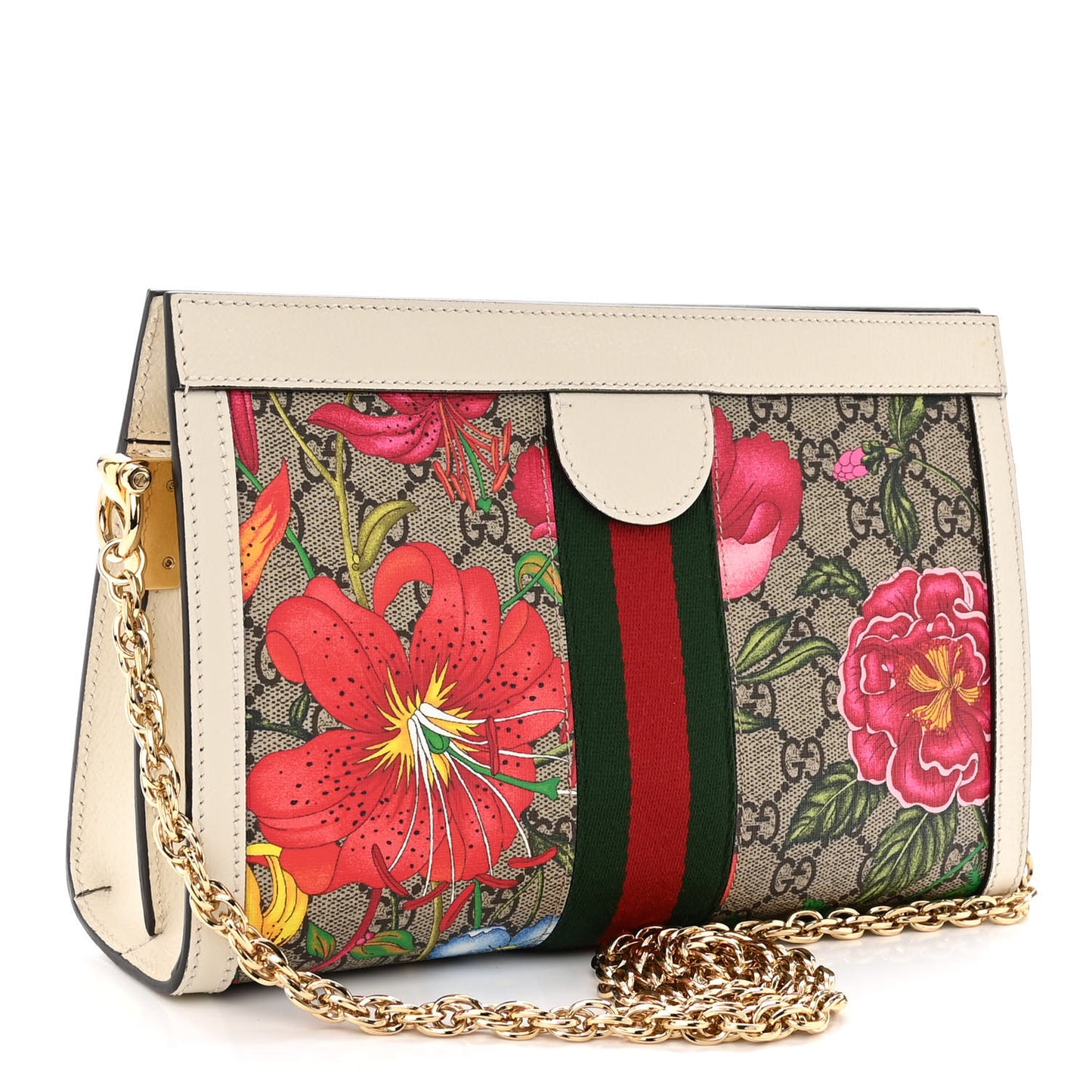 GG Supreme Monogram Flora Web Small Ophidia Chain Shoulder Bag White