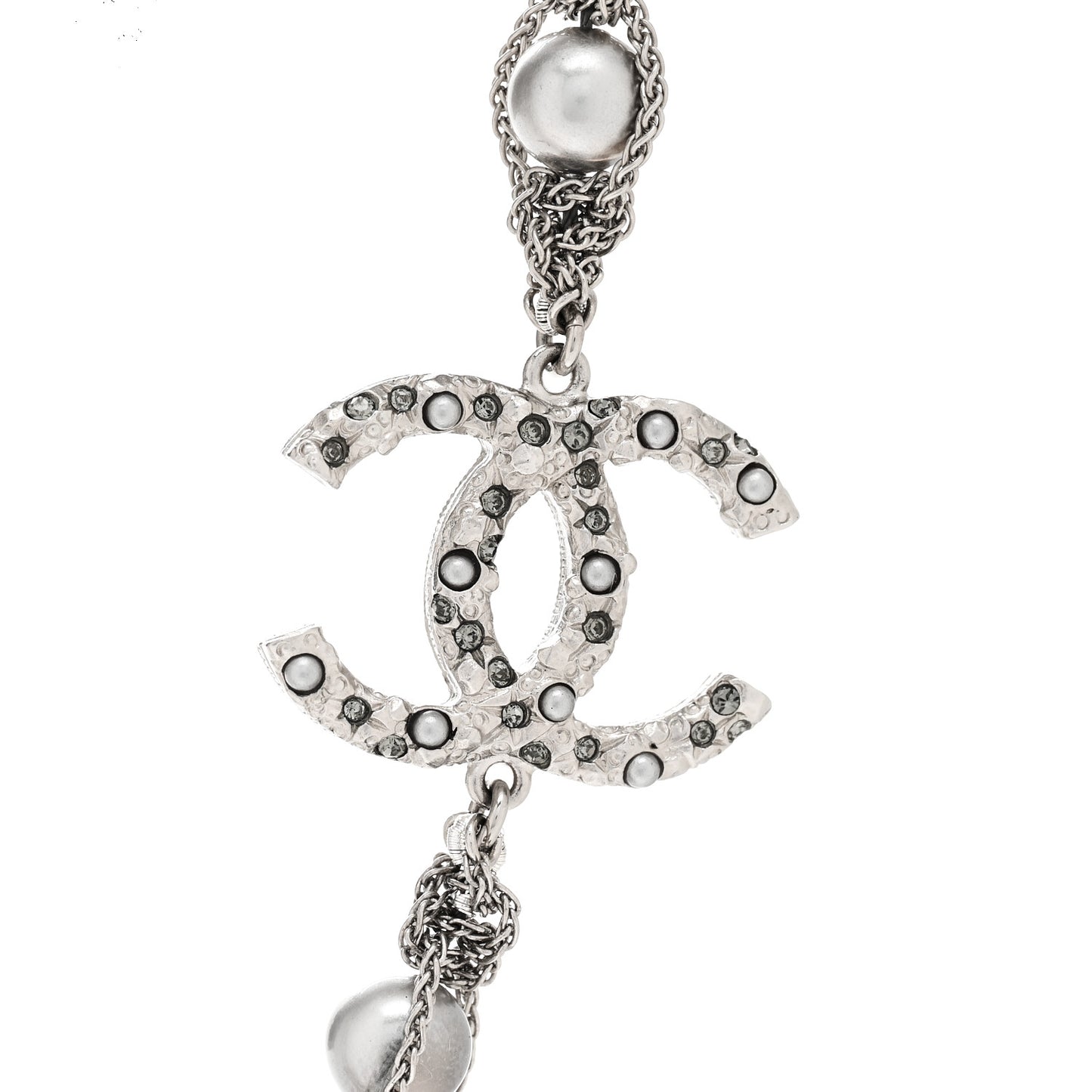 Crystal Pearl Bead CC Long Necklace Silver Grey