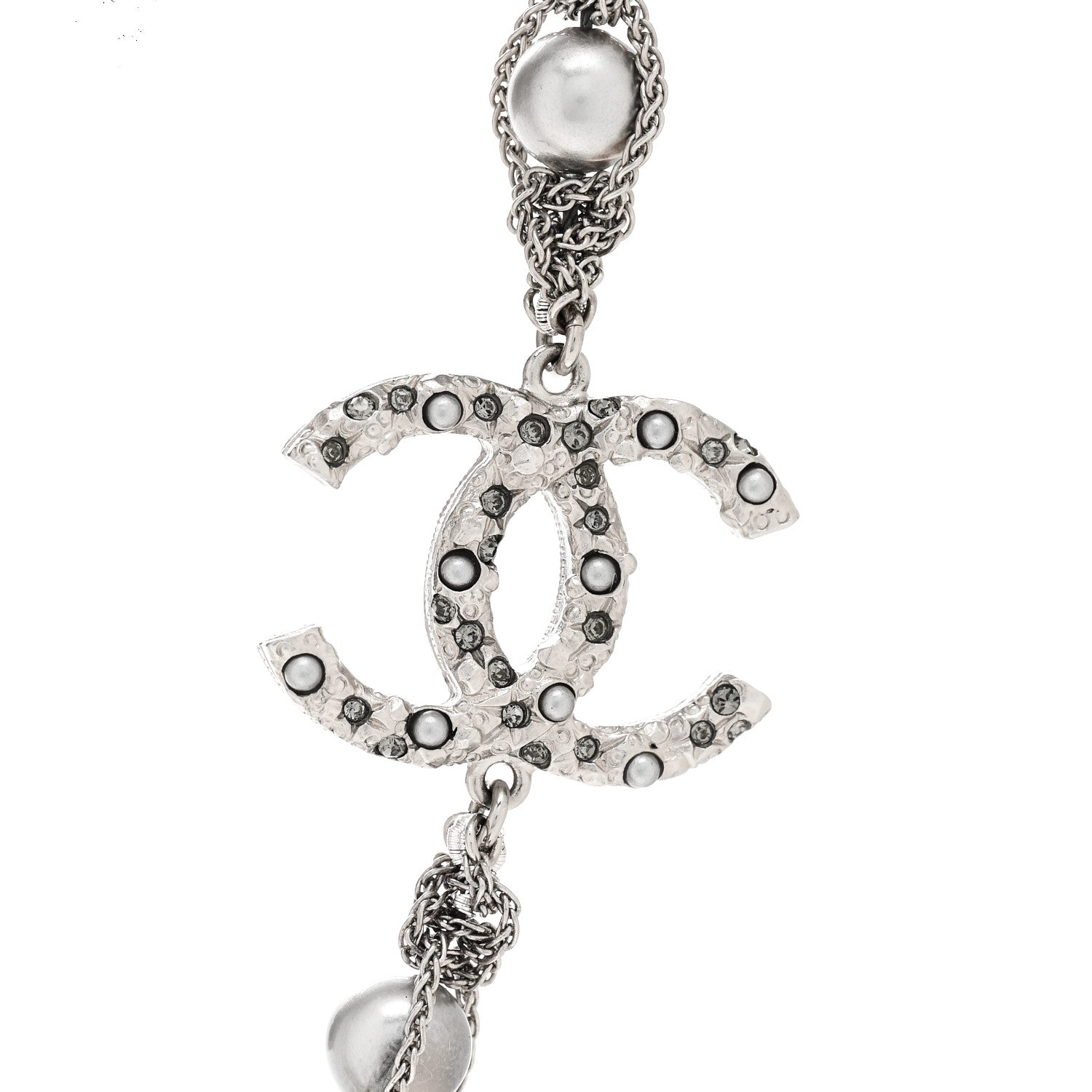 Chanel Crystal Pearl Bead CC Long Necklace Silver Grey 4 of 6
