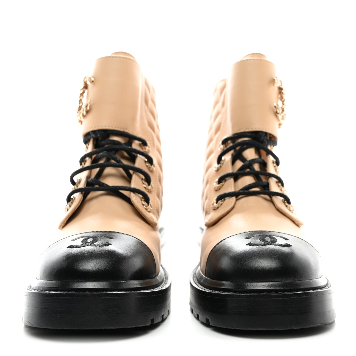 Lambskin Calfskin Quilted Lace Up Combat Boots 38.5 Beige Black