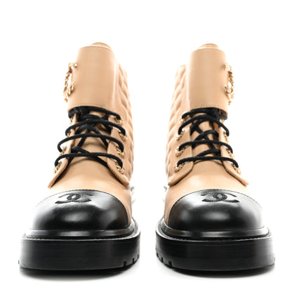 Chanel Lambskin Calfskin Quilted Lace Up Combat Boots 38.5 Beige Black 2 of 9