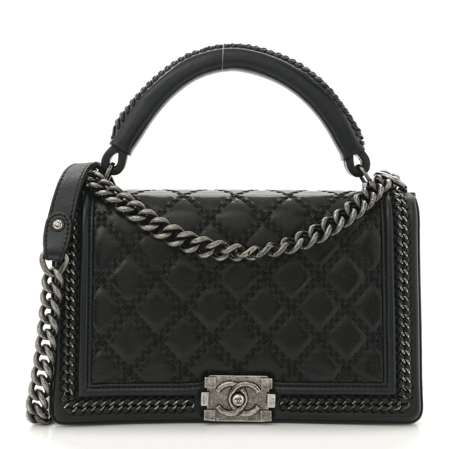 Calfskin Quilted Medium Top Handle Boy Flap Black