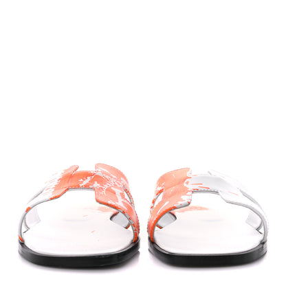 Hermes Calfskin Printed Peinture Fraiche Oran Sandals 39 White Orange 2 of 8