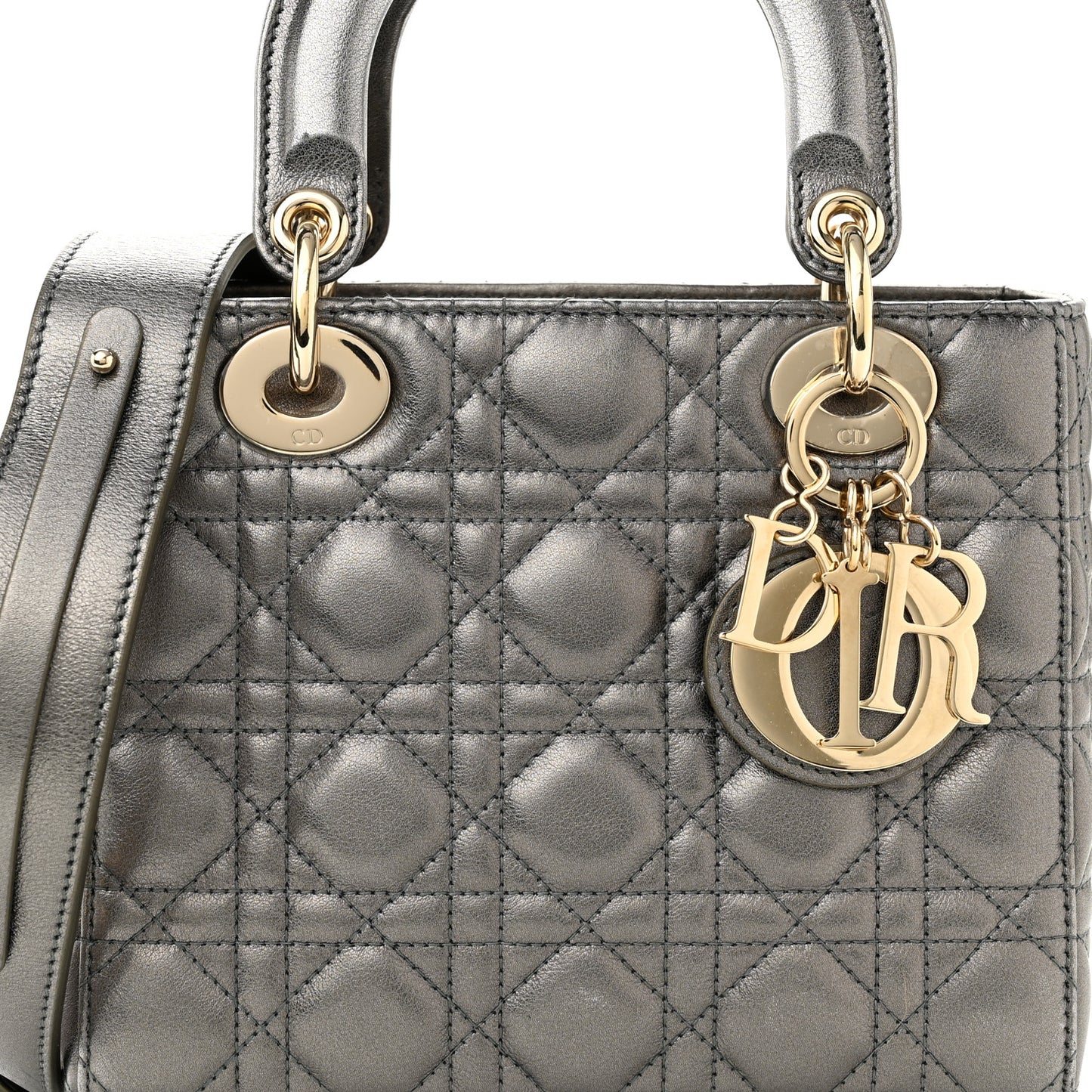 Metallic Grained Calfskin Cannage Small Lady Dior Gunmetal