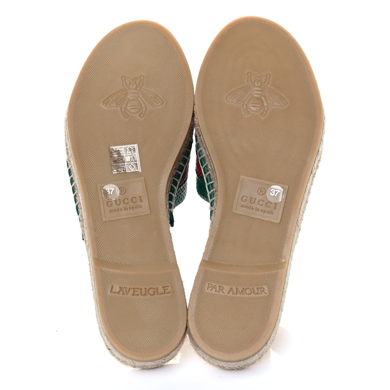 Gucci Malaga Kid Perforated Criss Cross Espadrille Slide Sandals 37 Emerald Hibiscus Red 5 of 7