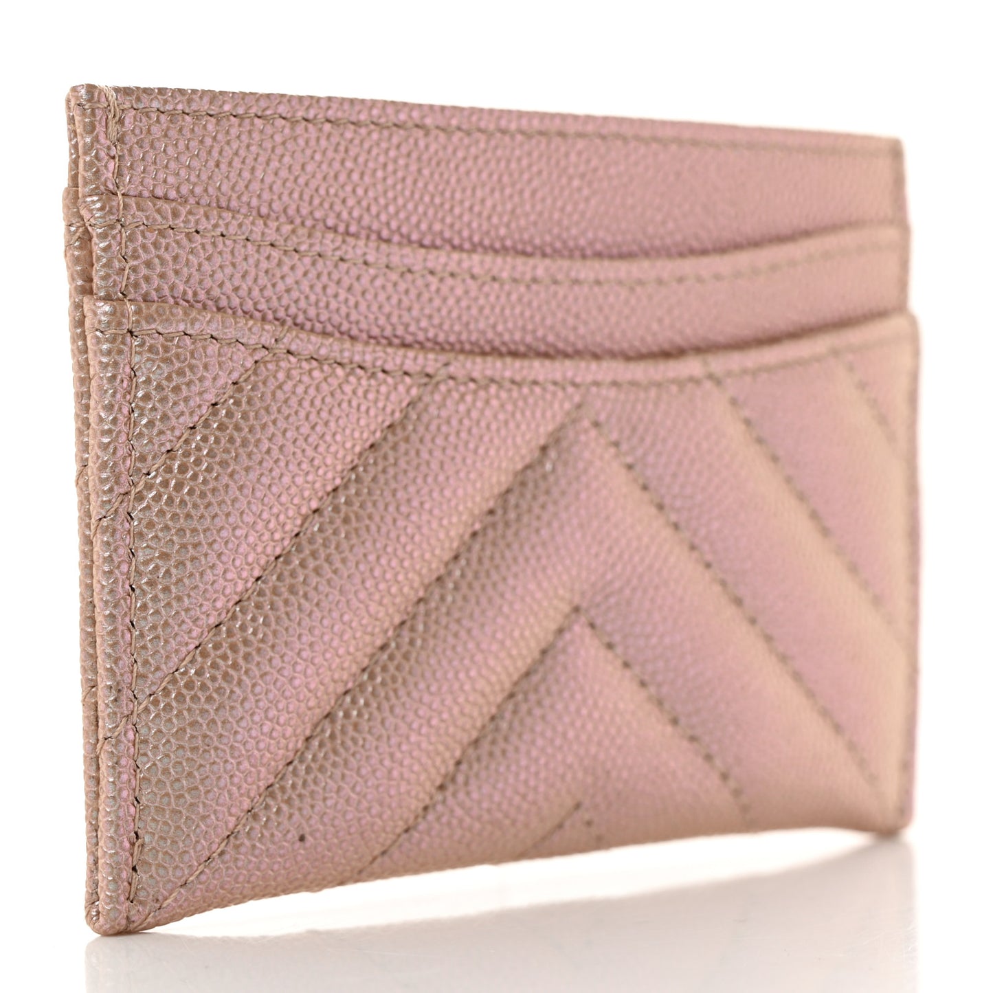Iridescent Caviar Chevron Quilted Card Holder Beige