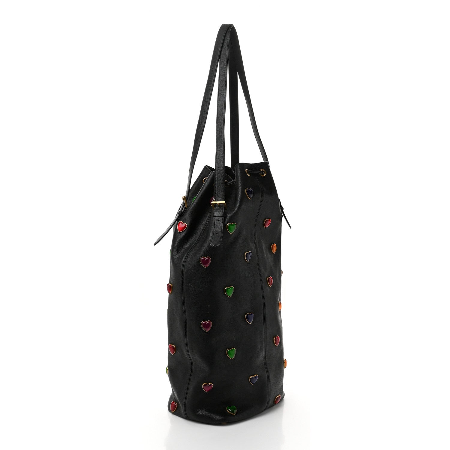 Saint Laurent Lambskin Medium Heart Studded Riva Bucket Bag Black