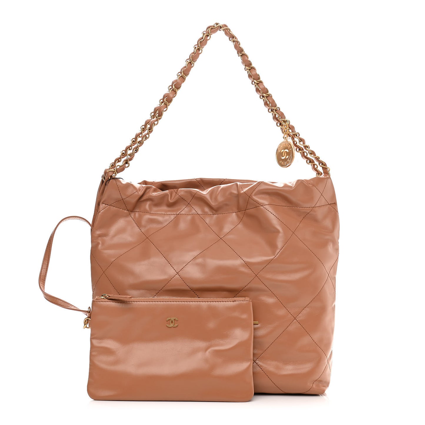 Shiny Calfskin Quilted Small Chanel 22 Camel