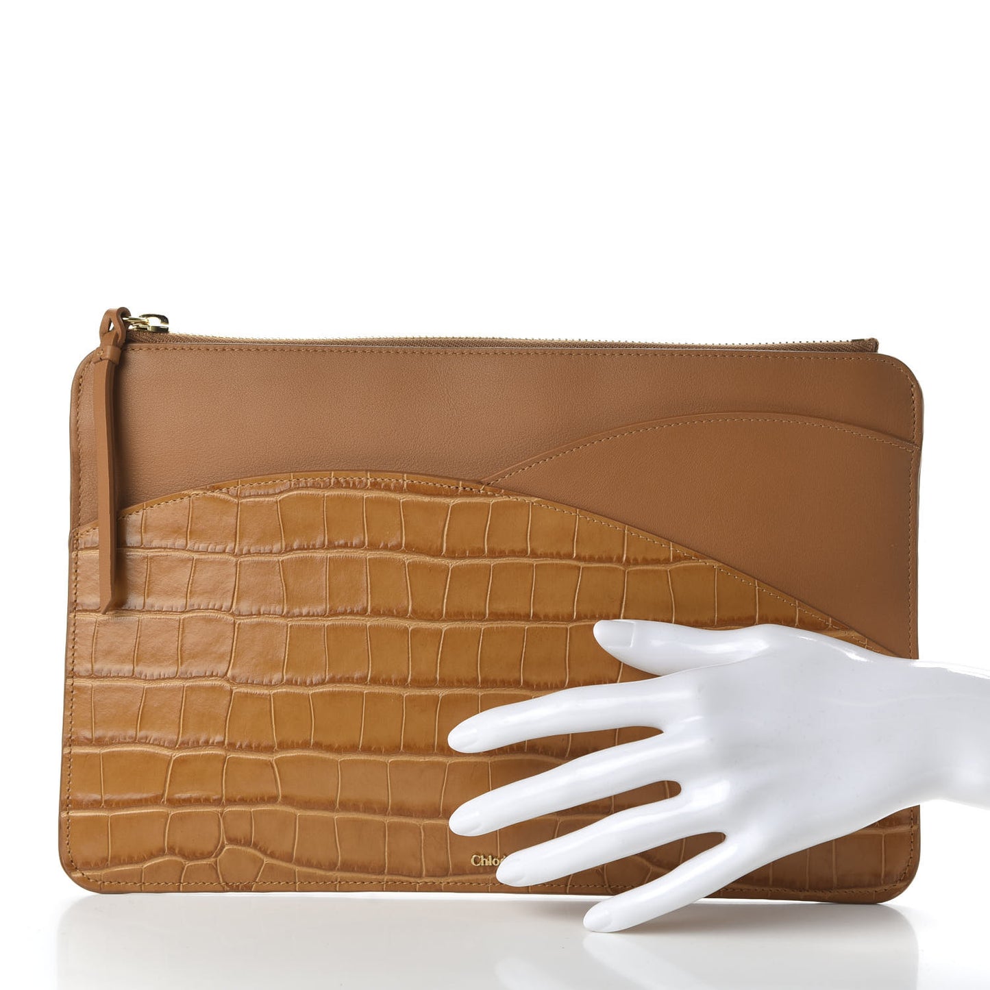 Crocodile Embossed Calfskin Walden iPad Clutch Bag Autumal Brown