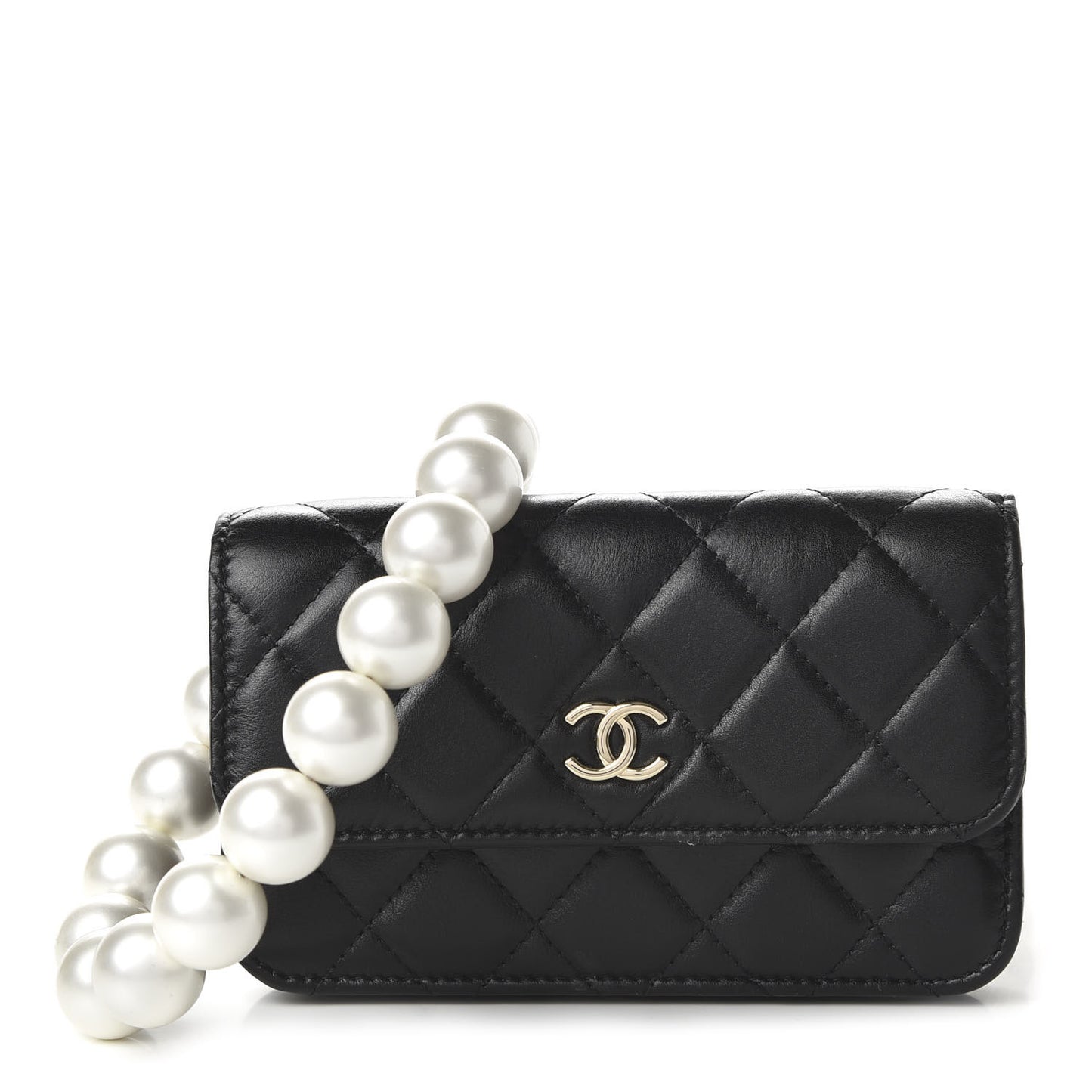 Calfskin Quilted Pearl Clutch With Chain Black