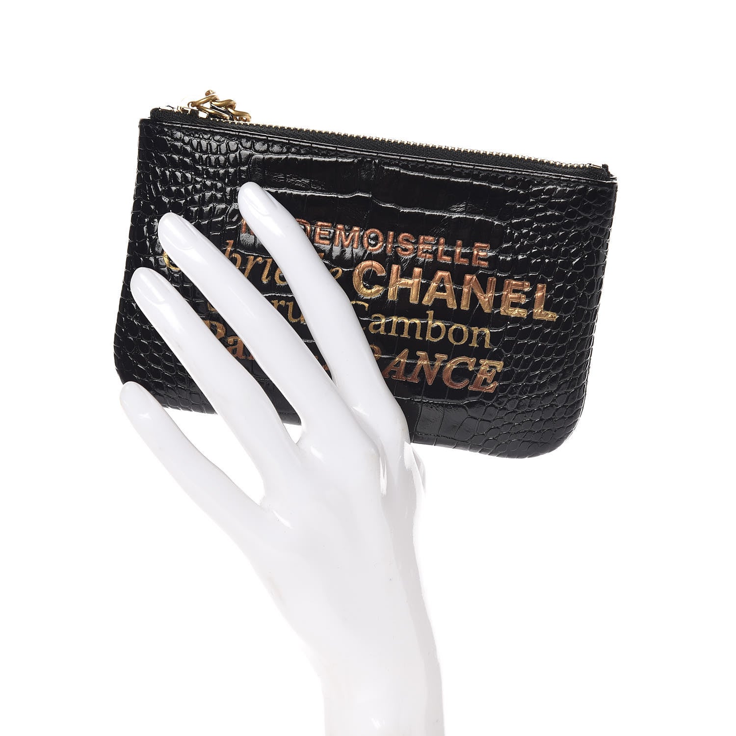 Chanel Calfskin Crocodile Embossed Cocodile Cosmetic Case Black Gold 2 of 10