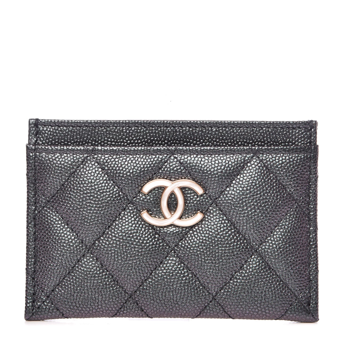 Iridescent Caviar Quilted Card Holder Black