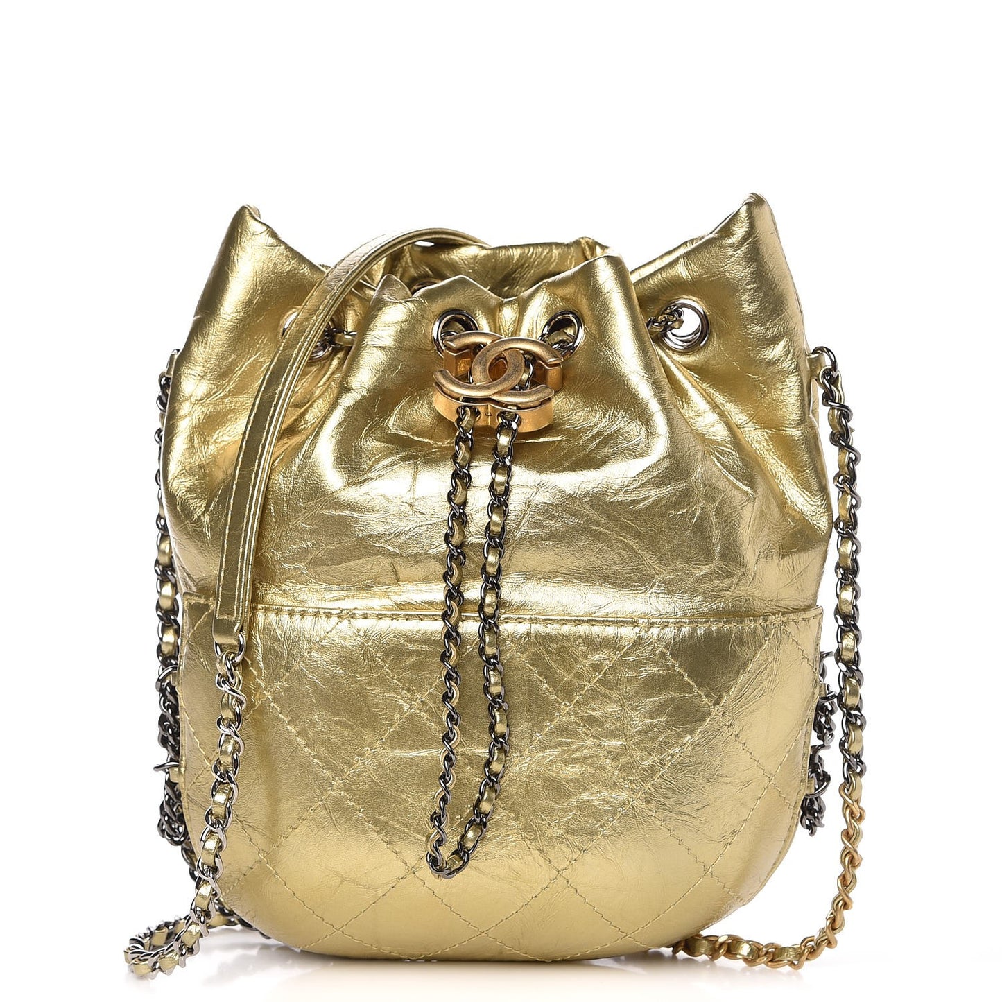 Metallic Aged Calfskin Quilted Small Gabrielle Bucket Gold