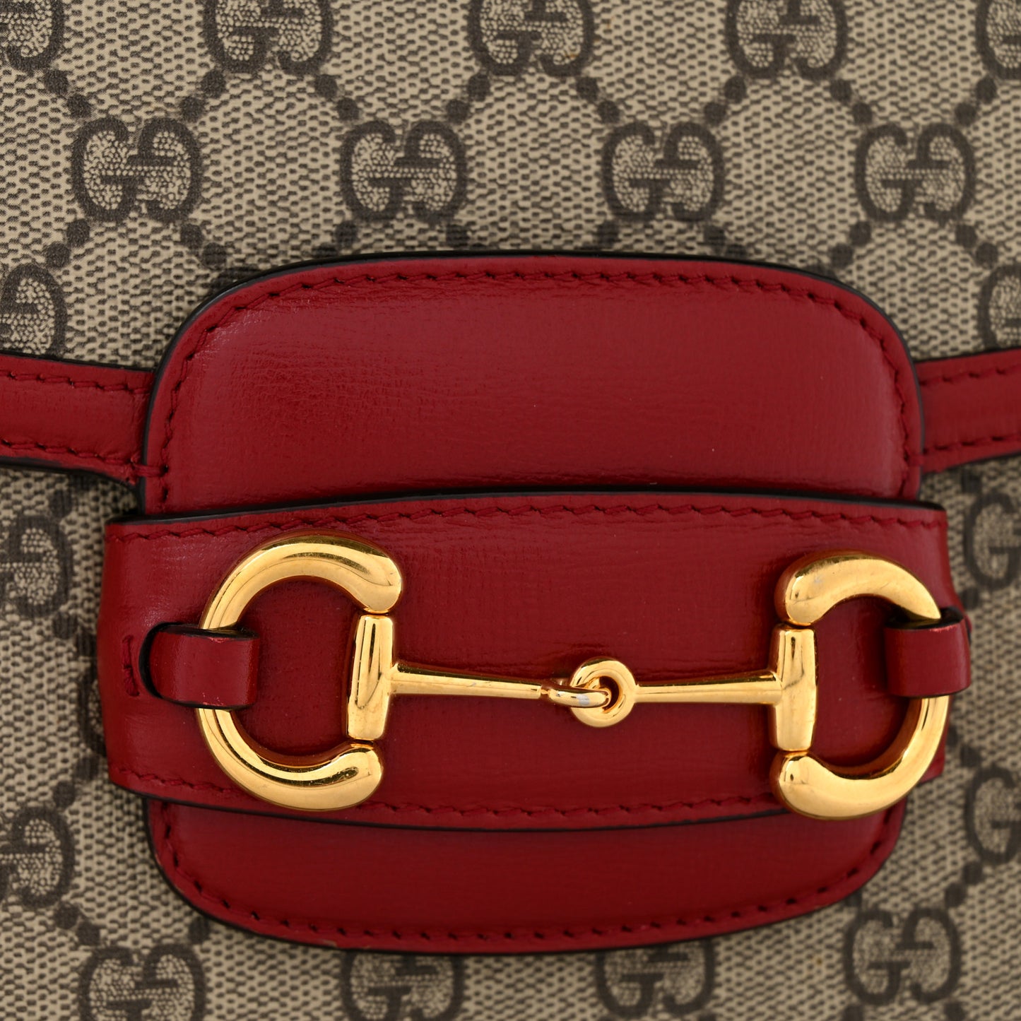 GG Supreme Monogram Azalea Calfskin Horsebit 1955 Shoulder Bag Beige Ebony New Cherry Red