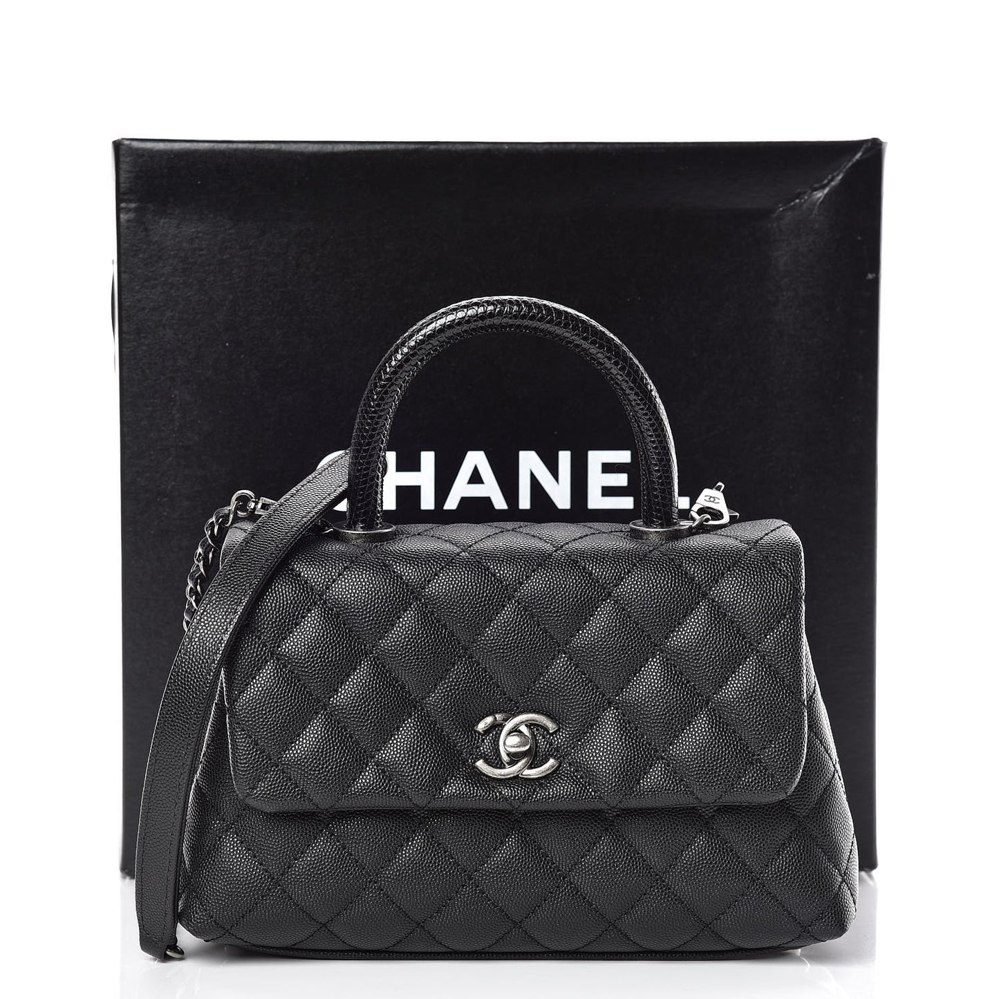 Caviar Lizard Quilted Mini Coco Handle Flap Black