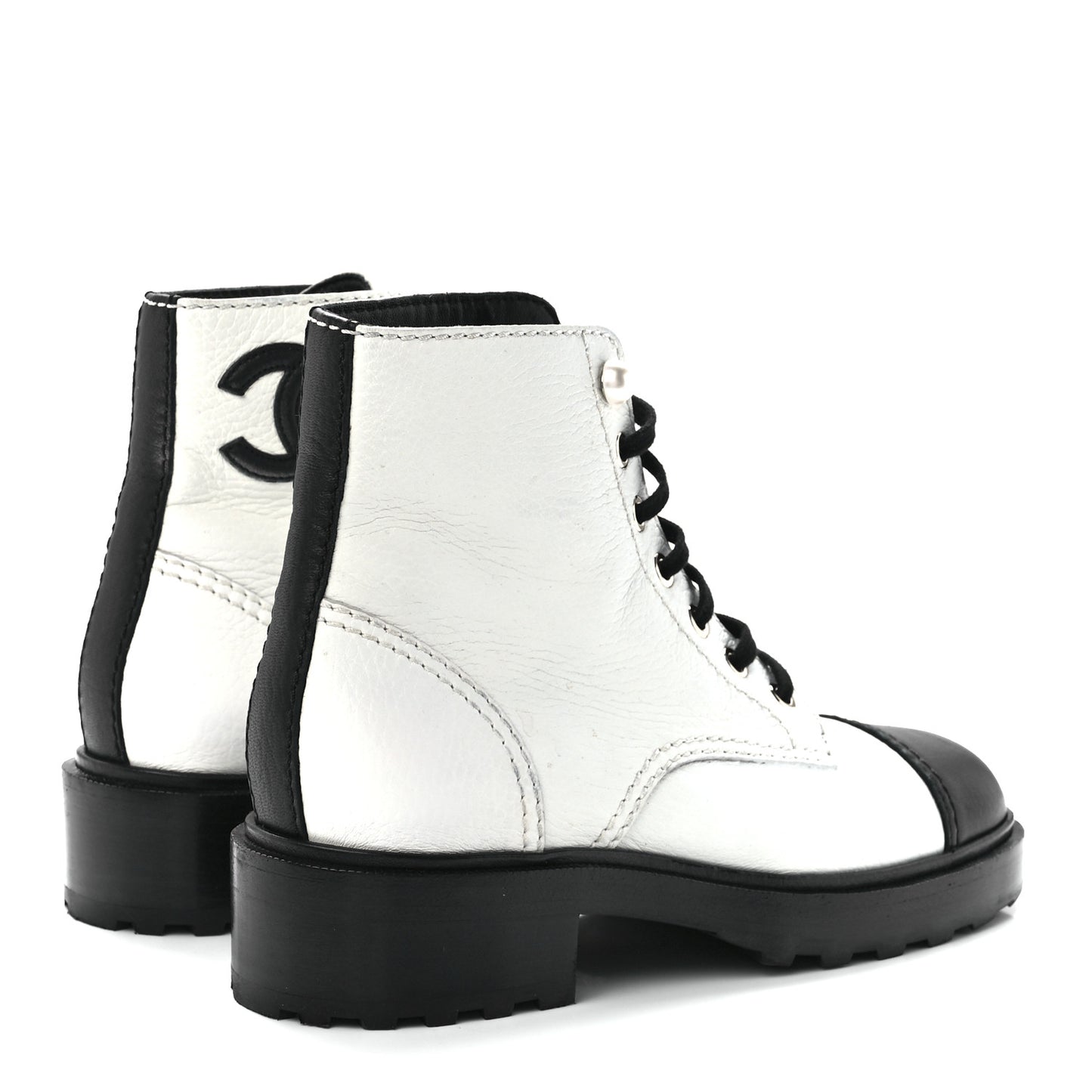 Lambskin Grained Calfskin CC Cap Toe Short Boots 38 White Black