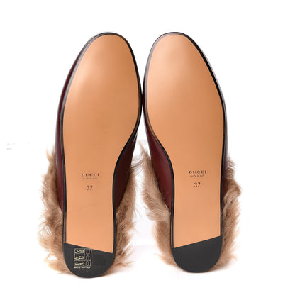 Gucci Malaga Kid Fur Womens Princetown Slippers 37 Vintage Bordeaux Naturale 6 of 9