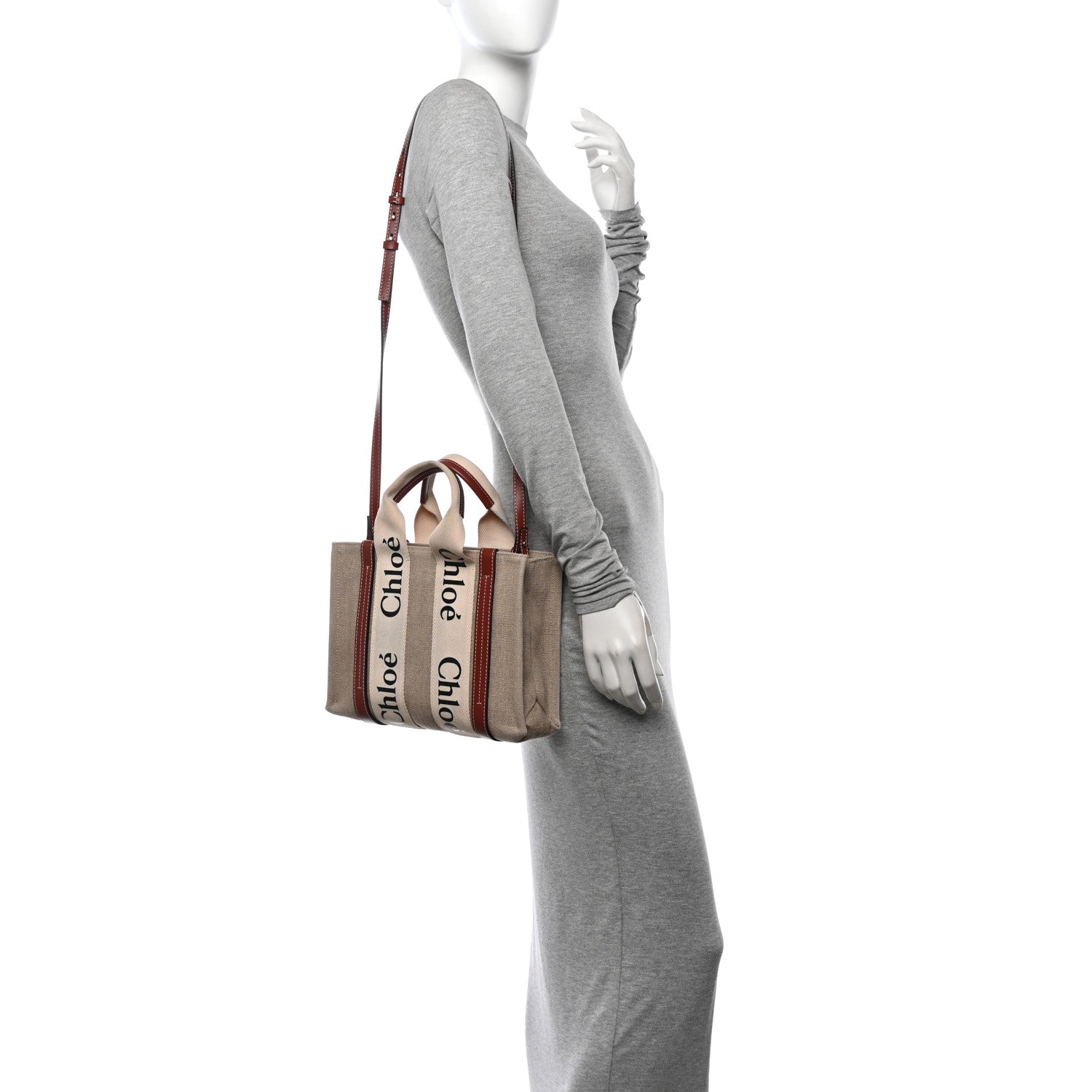 Chloe Linen Calfskin Small Woody Ribbon Tote With Strap White Brown 2 of 11