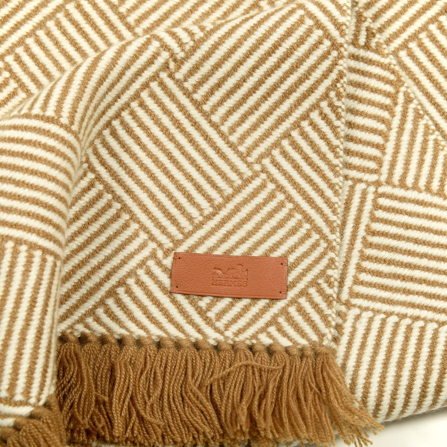 Hermes Cashmere Tile Weave Muffler Camel Ecru 3 of 3