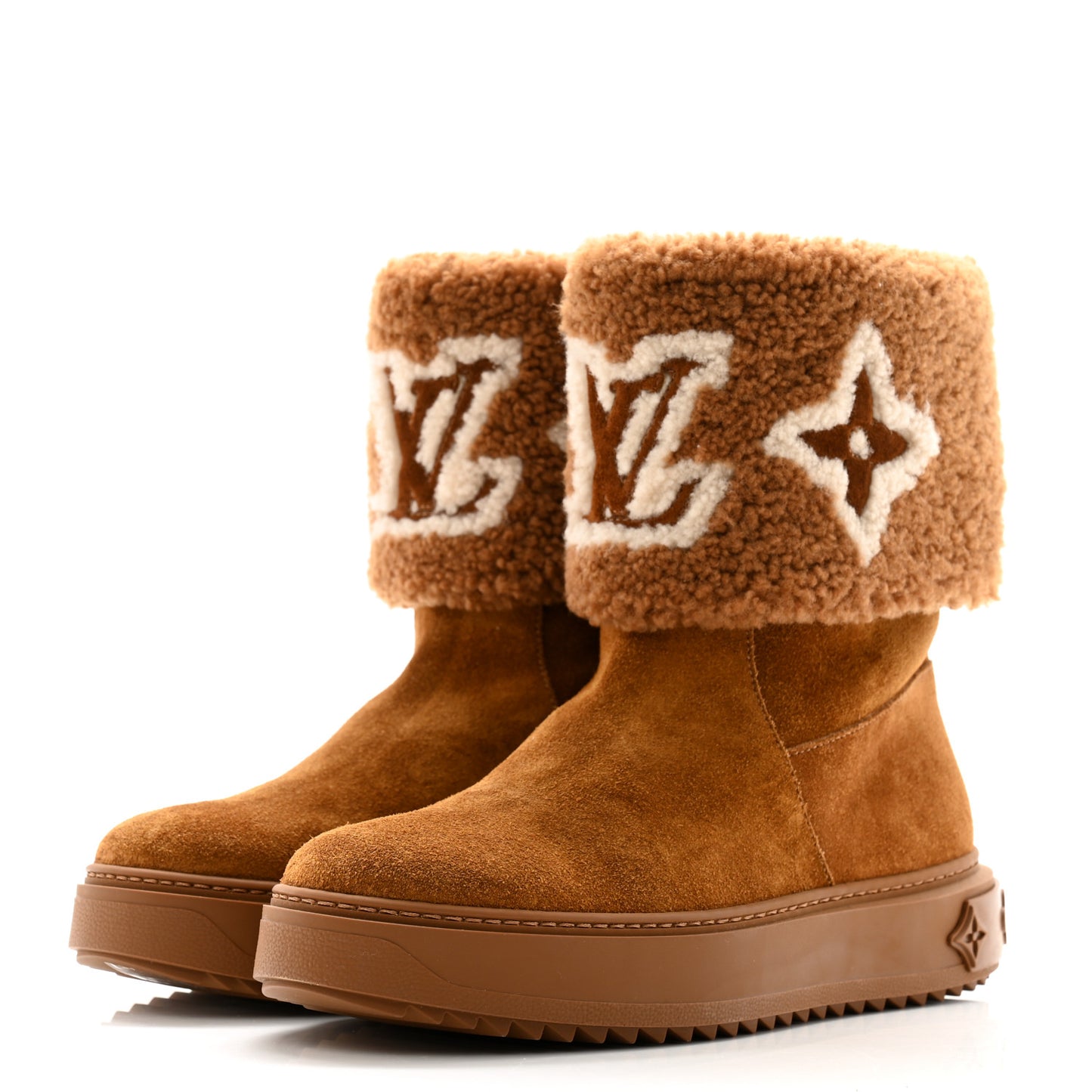 Suede Calfskin Shearling Snowdrop Flat Ankle Boot 38 Cognac