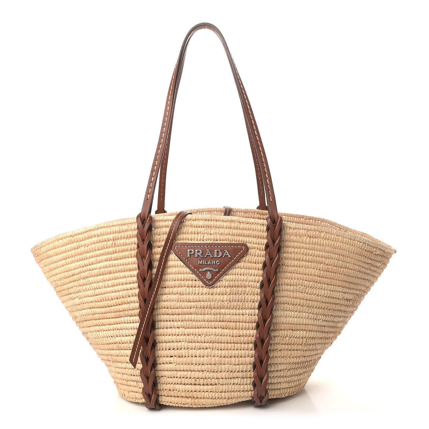 Paglia Vitello Woven Braided Basket Tote Naturale Cognac