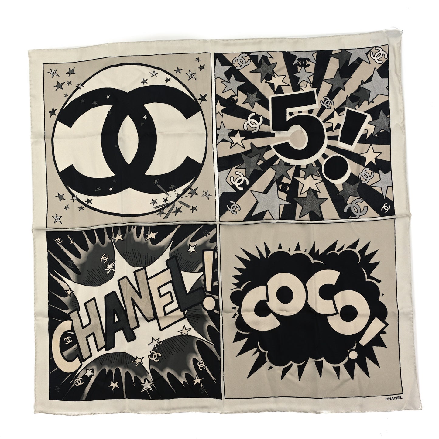 Silk CC Comics Square Scarf Light Beige Black Grey Light Grey Ecru
