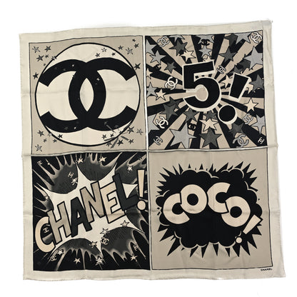 Chanel Silk CC Comics Square Scarf Light Beige Black Grey Light Grey Ecru 1 of 3
