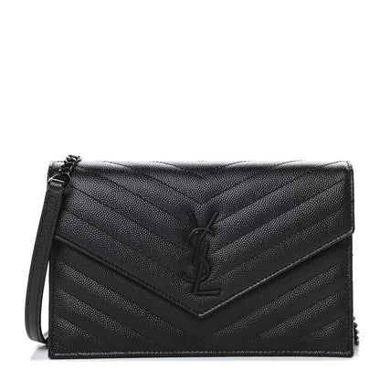 Saint Laurent Grain De Poudre Matelasse Chevron Monogram Envelope Chain Wallet Black 1 of 11