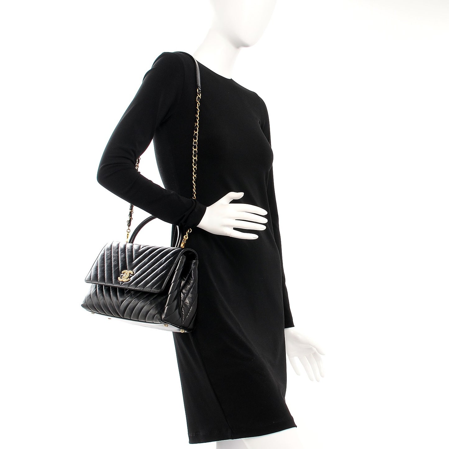Calfskin Chevron Quilted Coco Handle Flap Black