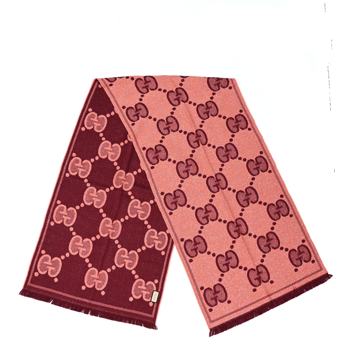 Gucci Wool Lame Jacquard Monogram Jumbo GG Lady Nest Lux Scarf Salmon Bordeaux 2 of 3