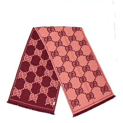 Gucci Wool Lame Jacquard Monogram Jumbo GG Lady Nest Lux Scarf Salmon Bordeaux 2 of 3