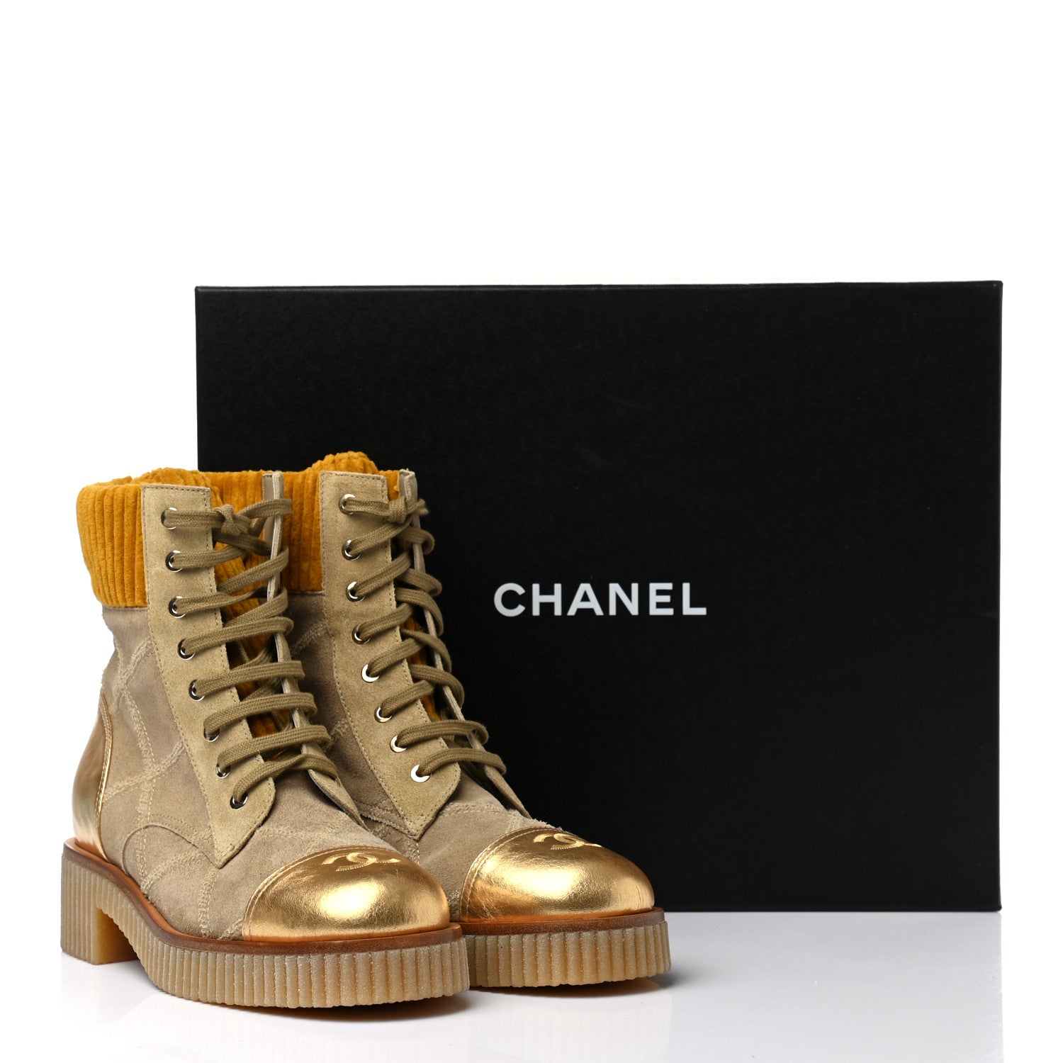 Chanel Suede Calfskin Velvet Quilted CC Combat Boots 39.5 Beige Yellow Gold 9 of 9