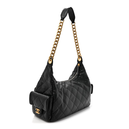Chanel Shiny Lambskin Quilted Trendy Pockets Hobo Black Black 3 of 10