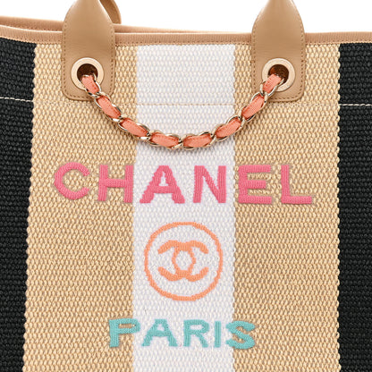 Chanel Straw Raffia Calfskin Striped Medium Deauville Tote Black Beige Ivory 8 of 10