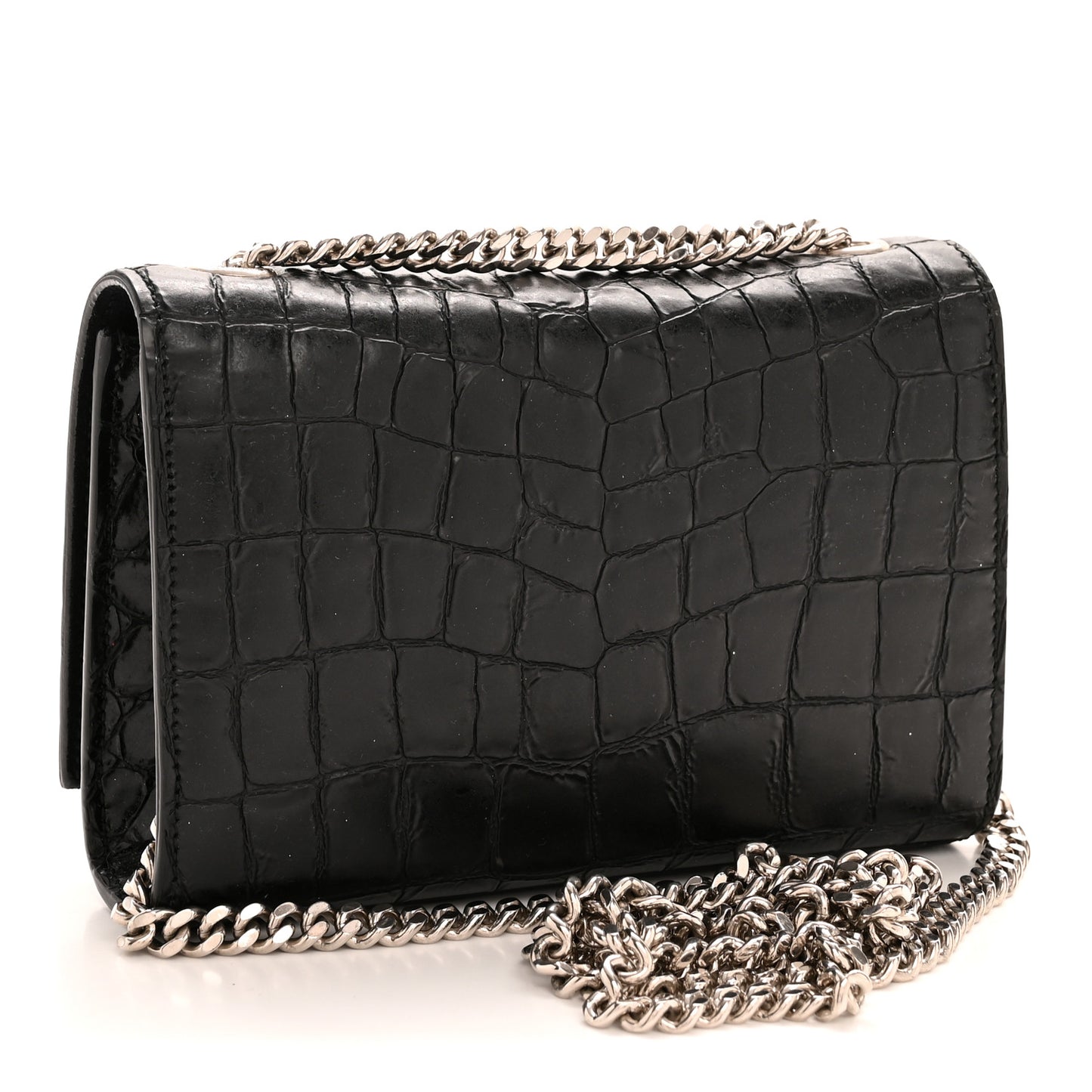 Calfskin Crocodile Embossed Small Classic Monogram Kate Tassel Satchel Black