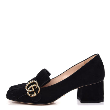 Gucci Kid Scamosciato Pearly GG Marmont Fringe 50mm Loafer Pumps 36 Black 1 of 12