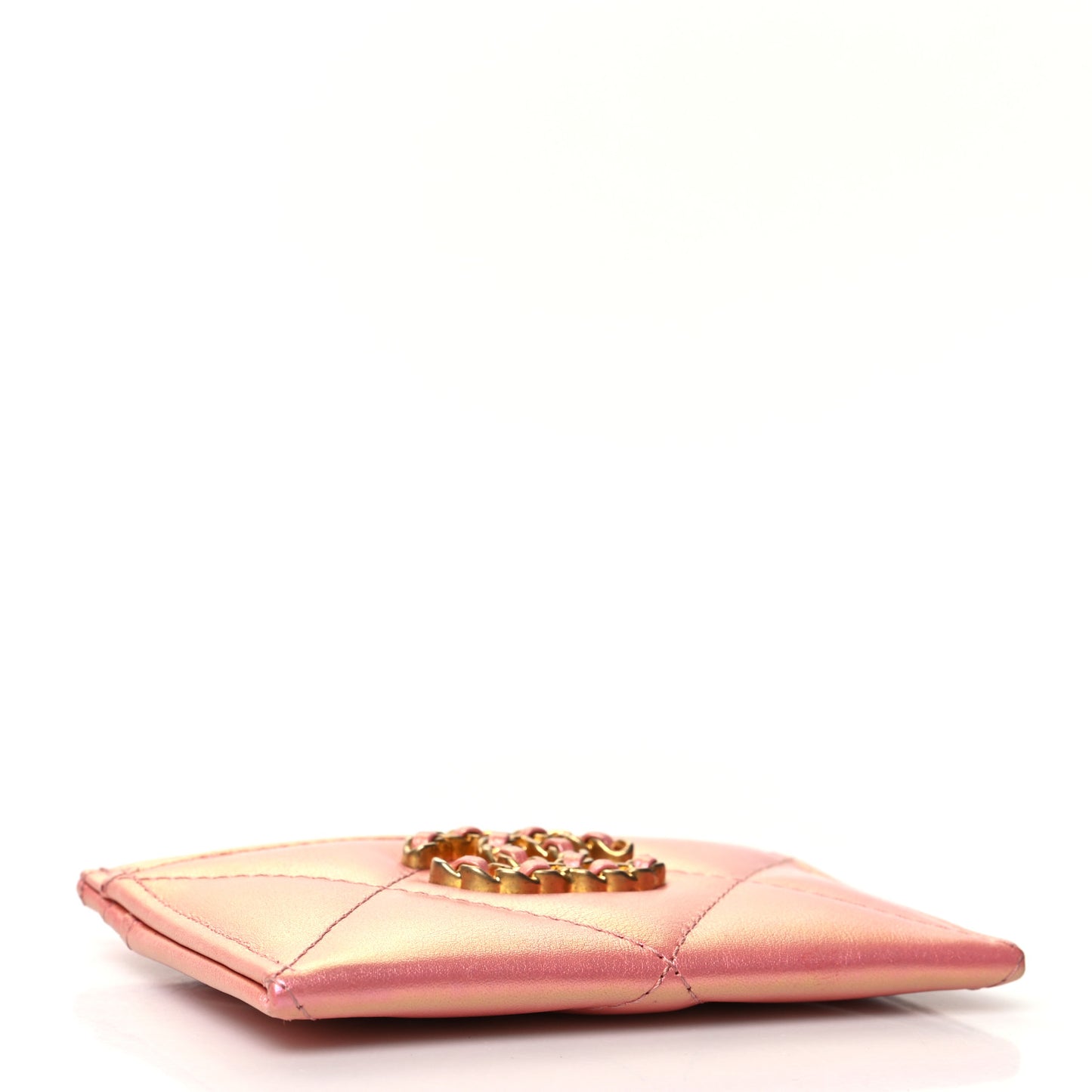 Iridescent Calfskin Quilted Chanel 19 Card Holder Pink