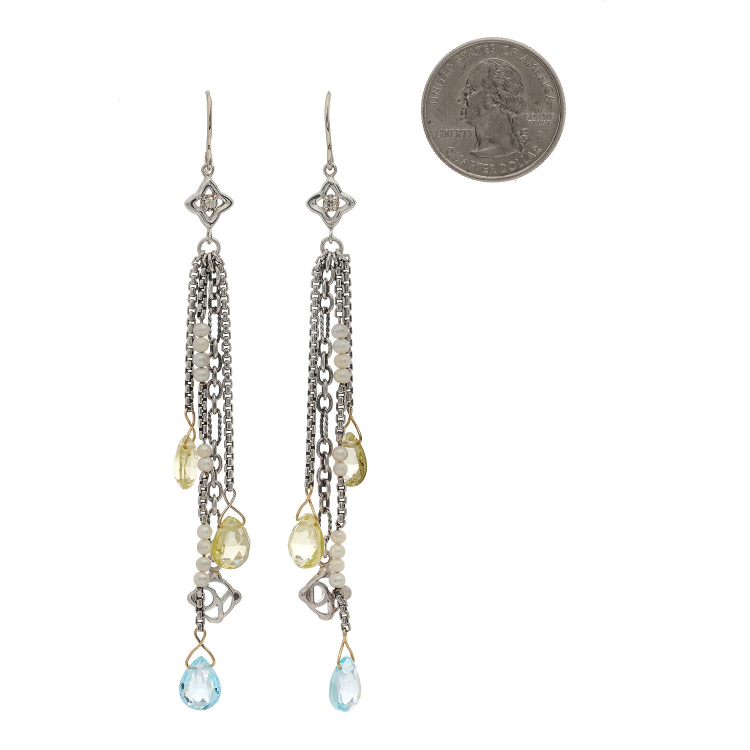 David Yurman Sterling Silver 18K Yellow Gold Diamond Blue Topaz Citrine Pearl Quatrefoil Drop Earrings 2 of 4