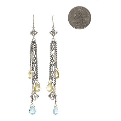 David Yurman Sterling Silver 18K Yellow Gold Diamond Blue Topaz Citrine Pearl Quatrefoil Drop Earrings 2 of 4