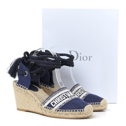 Christian Dior Canvas Embroidered Granville Ankle Tie Espadrille Wedges 40 Indigo Blue 13 of 13