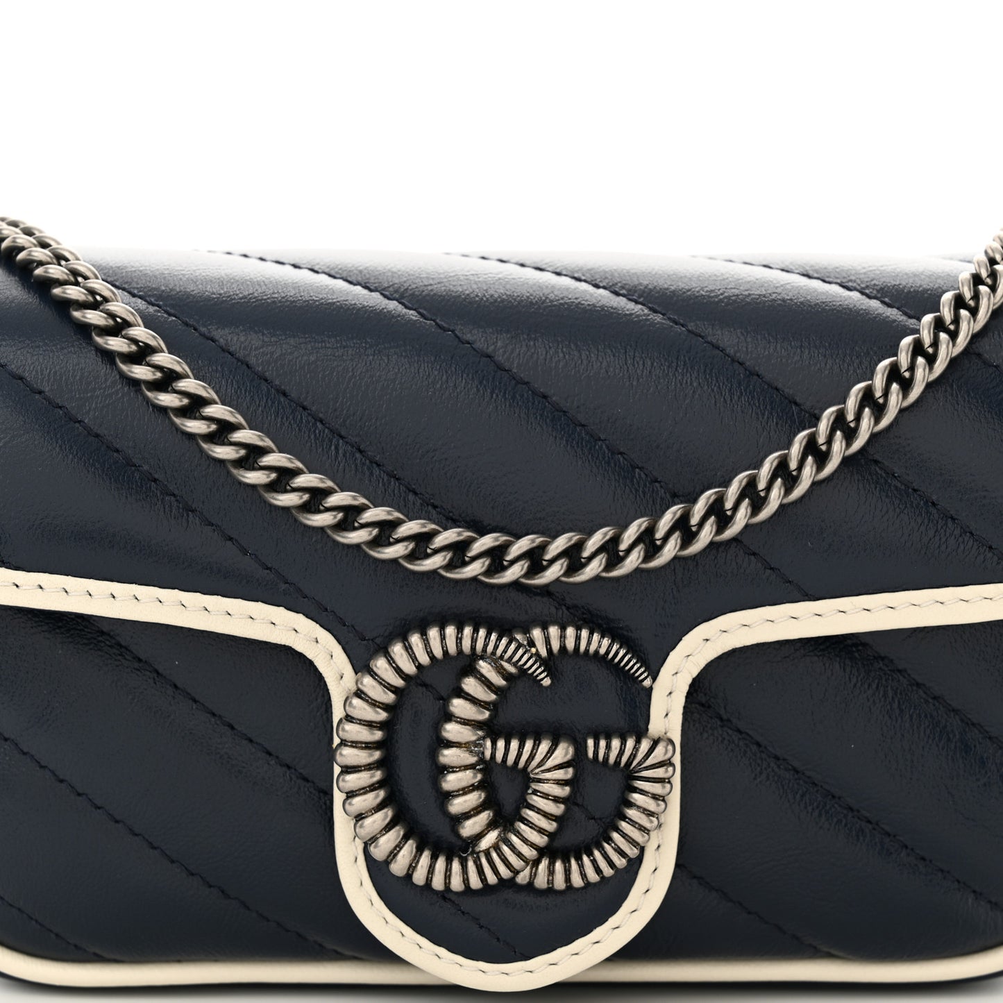 Vintage Effect Calfskin Matelasse Diagonal Super Mini Torchon GG Marmont Shoulder Bag Blue Agata Mystic White