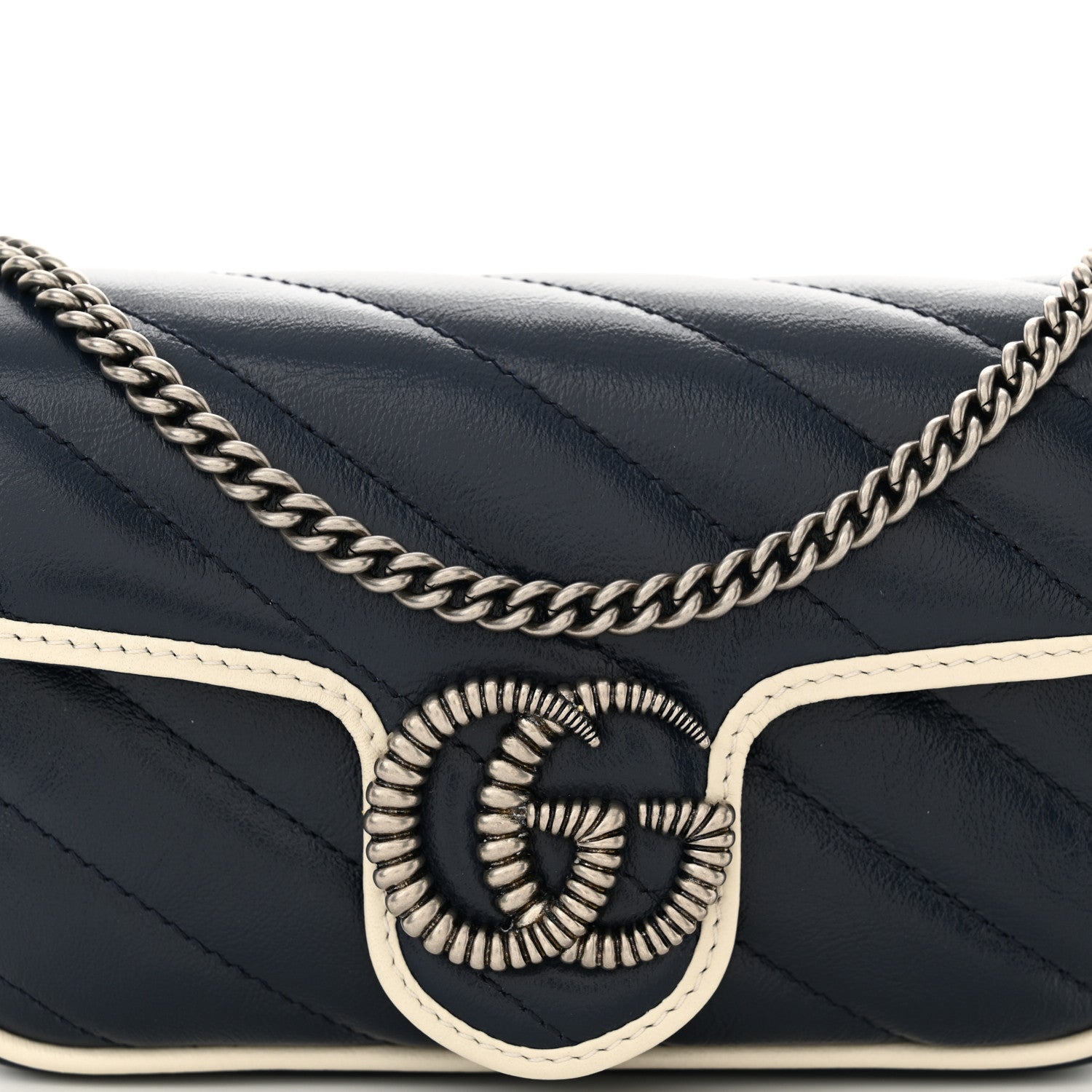 Gucci Vintage Effect Calfskin Matelasse Diagonal Super Mini Torchon GG Marmont Shoulder Bag Blue Agata Mystic White 8 of 12