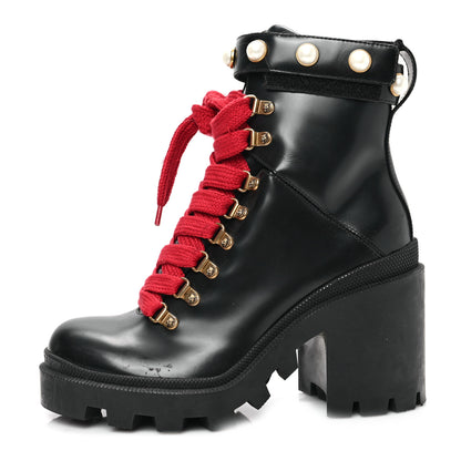 Gucci Magnum Calfskin Pearl Lace Up Combat Ankle Boots 37.5 Black 1 of 8