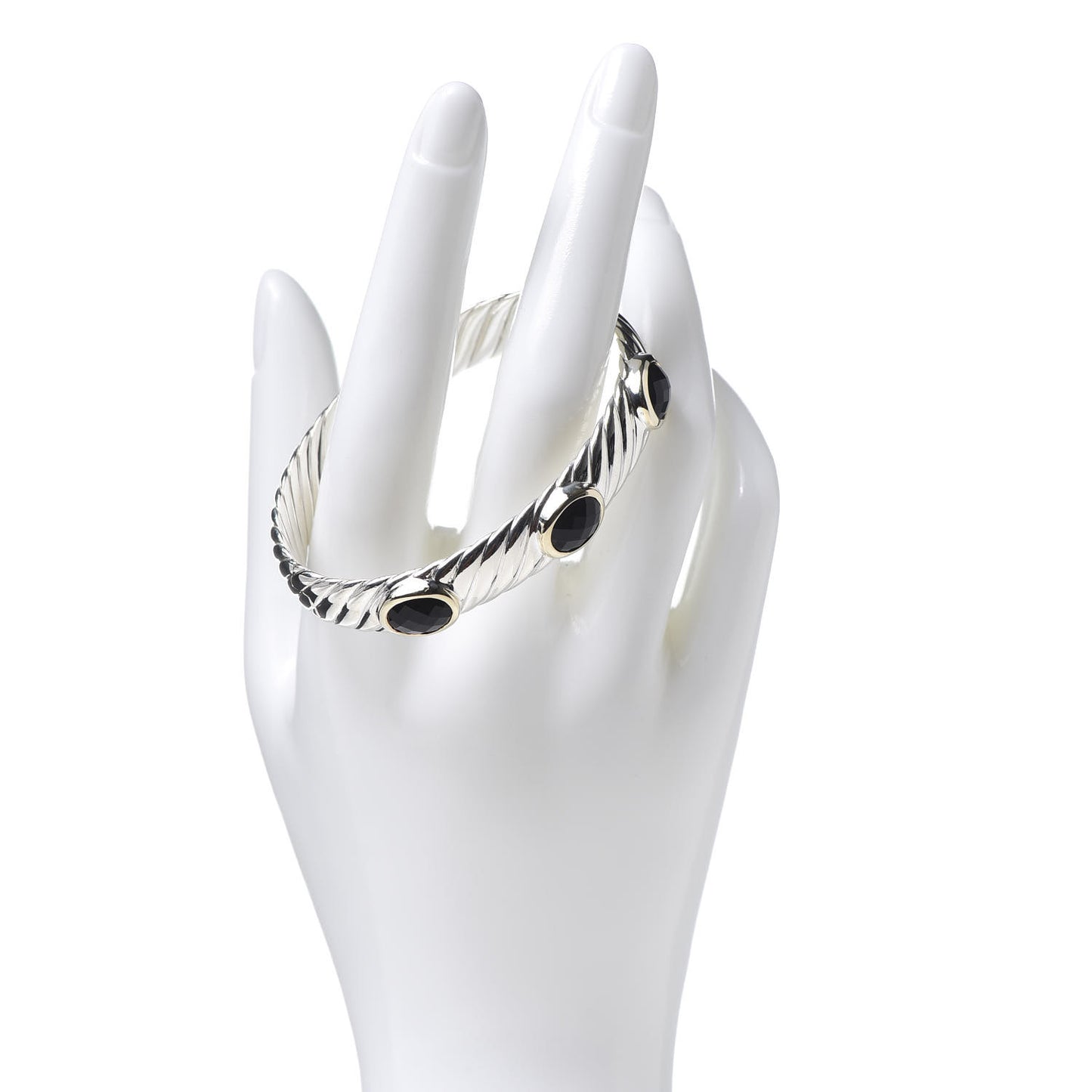 Sterling Silver 18K Yellow Gold Black Onyx 11mm Cable Bangle Bracelet