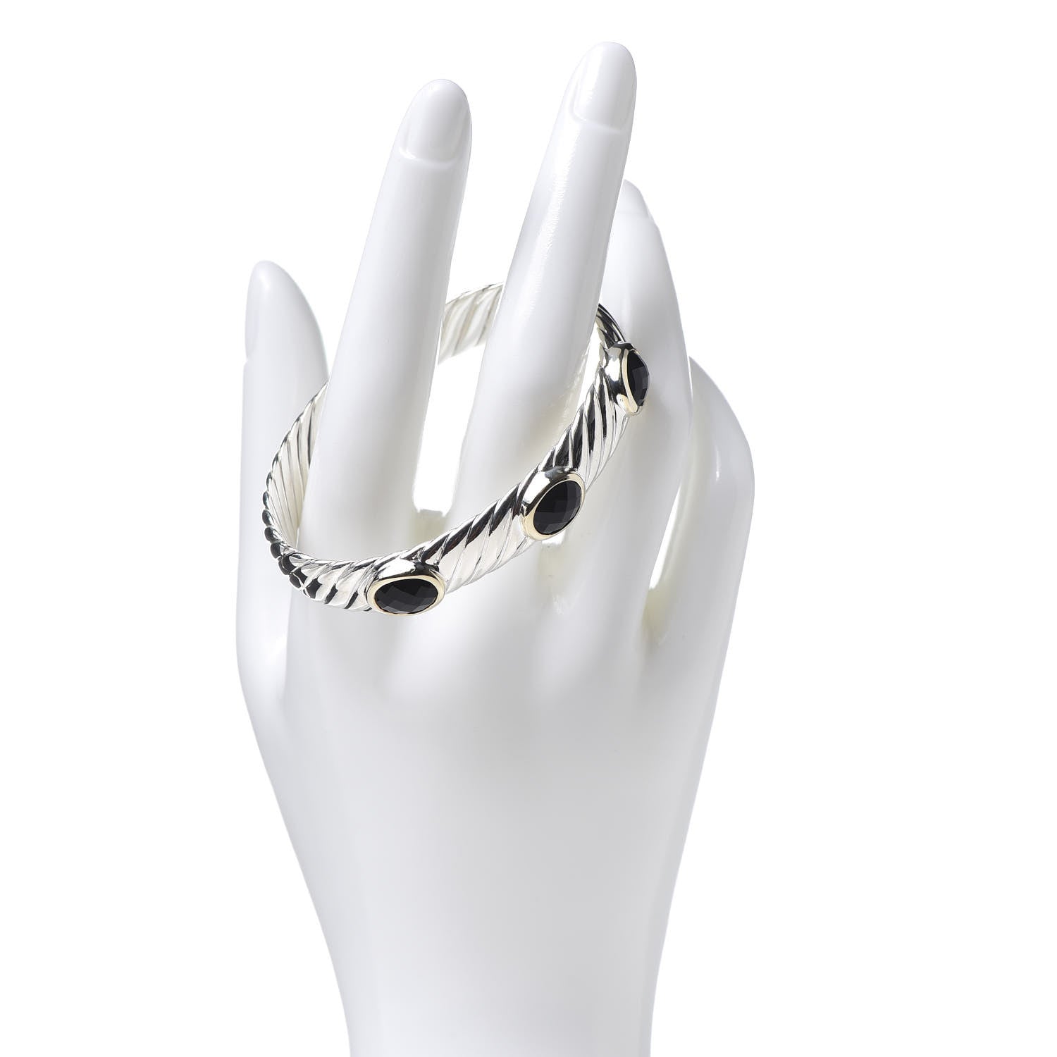 David Yurman Sterling Silver 18K Yellow Gold Black Onyx 11mm Cable Bangle Bracelet 2 of 4